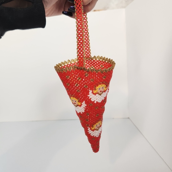 Vintage Red Gold Angels Beaded Christmas Cone Tree Ornament Handmade Stocking - Picture 2 of 10